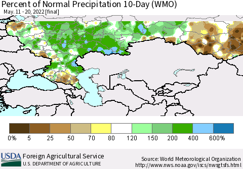 Russian Federation Percent of Normal Precipitation 10-Day (WMO) Thematic Map For 5/11/2022 - 5/20/2022