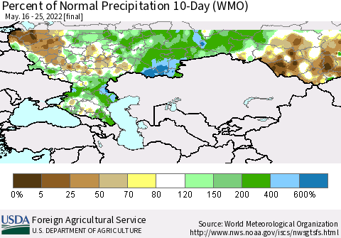 Russian Federation Percent of Normal Precipitation 10-Day (WMO) Thematic Map For 5/16/2022 - 5/25/2022