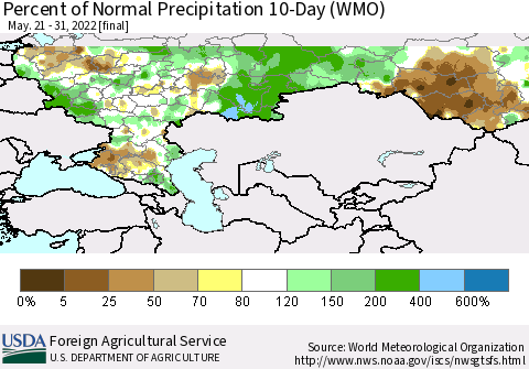 Russian Federation Percent of Normal Precipitation 10-Day (WMO) Thematic Map For 5/21/2022 - 5/31/2022