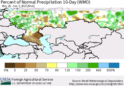 Russian Federation Percent of Normal Precipitation 10-Day (WMO) Thematic Map For 5/26/2022 - 6/5/2022