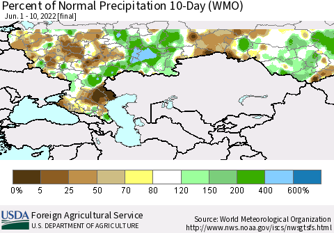 Russian Federation Percent of Normal Precipitation 10-Day (WMO) Thematic Map For 6/1/2022 - 6/10/2022
