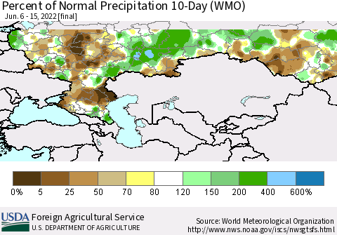 Russian Federation Percent of Normal Precipitation 10-Day (WMO) Thematic Map For 6/6/2022 - 6/15/2022