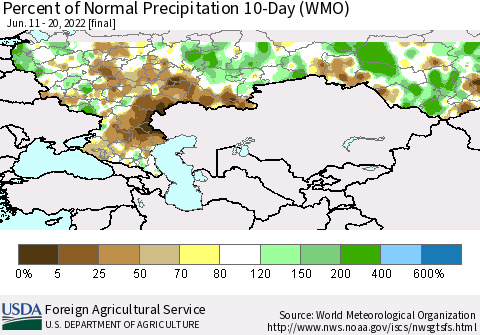 Russian Federation Percent of Normal Precipitation 10-Day (WMO) Thematic Map For 6/11/2022 - 6/20/2022