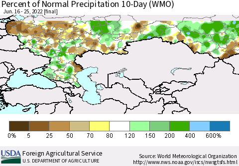 Russian Federation Percent of Normal Precipitation 10-Day (WMO) Thematic Map For 6/16/2022 - 6/25/2022
