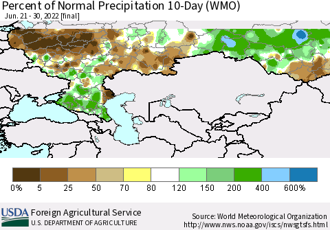 Russian Federation Percent of Normal Precipitation 10-Day (WMO) Thematic Map For 6/21/2022 - 6/30/2022