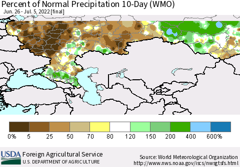 Russian Federation Percent of Normal Precipitation 10-Day (WMO) Thematic Map For 6/26/2022 - 7/5/2022