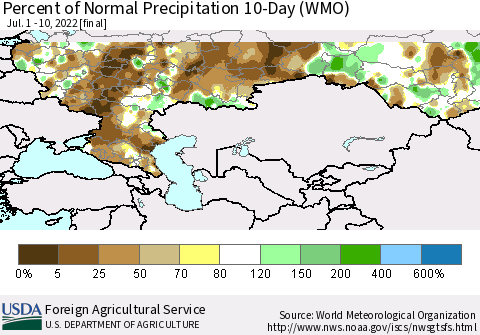 Russian Federation Percent of Normal Precipitation 10-Day (WMO) Thematic Map For 7/1/2022 - 7/10/2022