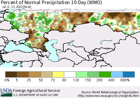 Russian Federation Percent of Normal Precipitation 10-Day (WMO) Thematic Map For 7/6/2022 - 7/15/2022
