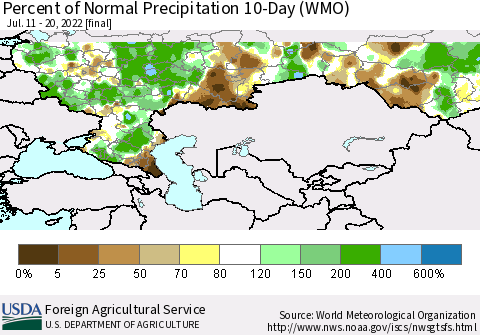 Russian Federation Percent of Normal Precipitation 10-Day (WMO) Thematic Map For 7/11/2022 - 7/20/2022