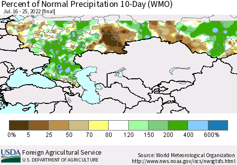Russian Federation Percent of Normal Precipitation 10-Day (WMO) Thematic Map For 7/16/2022 - 7/25/2022