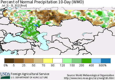 Russian Federation Percent of Normal Precipitation 10-Day (WMO) Thematic Map For 7/21/2022 - 7/31/2022