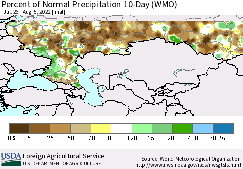 Russian Federation Percent of Normal Precipitation 10-Day (WMO) Thematic Map For 7/26/2022 - 8/5/2022