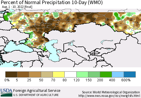 Russian Federation Percent of Normal Precipitation 10-Day (WMO) Thematic Map For 8/1/2022 - 8/10/2022