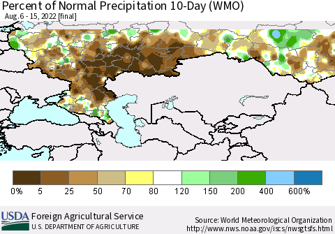 Russian Federation Percent of Normal Precipitation 10-Day (WMO) Thematic Map For 8/6/2022 - 8/15/2022
