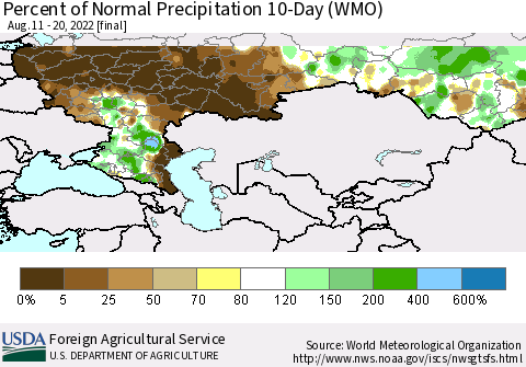 Russian Federation Percent of Normal Precipitation 10-Day (WMO) Thematic Map For 8/11/2022 - 8/20/2022