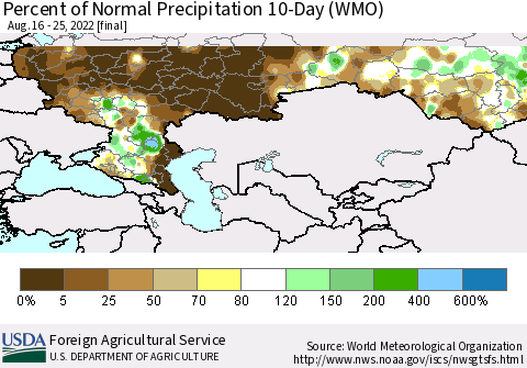 Russian Federation Percent of Normal Precipitation 10-Day (WMO) Thematic Map For 8/16/2022 - 8/25/2022
