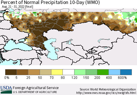Russian Federation Percent of Normal Precipitation 10-Day (WMO) Thematic Map For 8/21/2022 - 8/31/2022