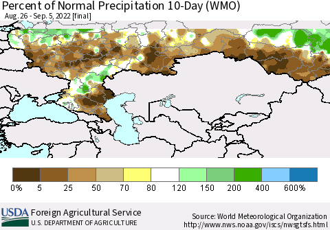 Russian Federation Percent of Normal Precipitation 10-Day (WMO) Thematic Map For 8/26/2022 - 9/5/2022