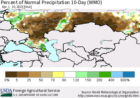 Russian Federation Percent of Normal Precipitation 10-Day (WMO) Thematic Map For 4/1/2023 - 4/10/2023