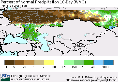 Russian Federation Percent of Normal Precipitation 10-Day (WMO) Thematic Map For 4/6/2023 - 4/15/2023