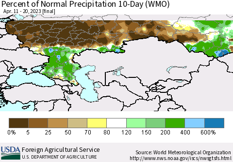 Russian Federation Percent of Normal Precipitation 10-Day (WMO) Thematic Map For 4/11/2023 - 4/20/2023