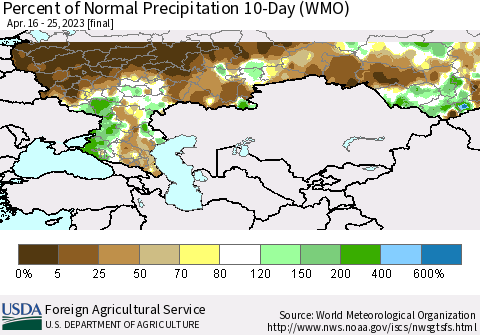 Russian Federation Percent of Normal Precipitation 10-Day (WMO) Thematic Map For 4/16/2023 - 4/25/2023