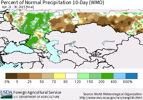 Russian Federation Percent of Normal Precipitation 10-Day (WMO) Thematic Map For 4/21/2023 - 4/30/2023