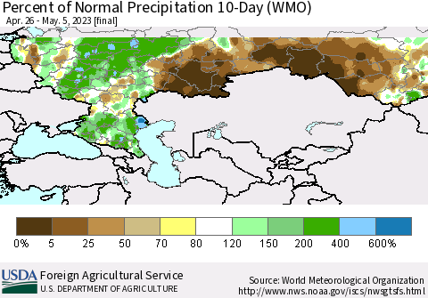 Russian Federation Percent of Normal Precipitation 10-Day (WMO) Thematic Map For 4/26/2023 - 5/5/2023