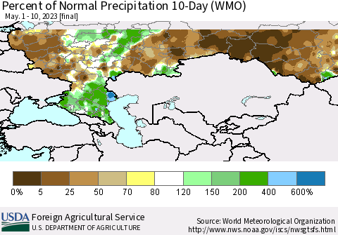Russian Federation Percent of Normal Precipitation 10-Day (WMO) Thematic Map For 5/1/2023 - 5/10/2023