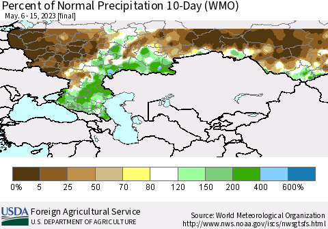 Russian Federation Percent of Normal Precipitation 10-Day (WMO) Thematic Map For 5/6/2023 - 5/15/2023