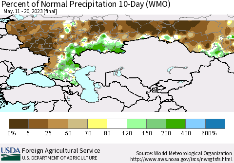 Russian Federation Percent of Normal Precipitation 10-Day (WMO) Thematic Map For 5/11/2023 - 5/20/2023
