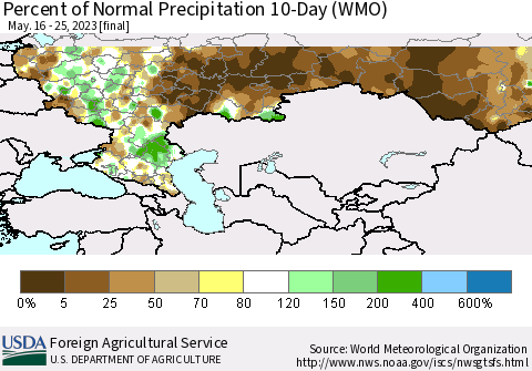 Russian Federation Percent of Normal Precipitation 10-Day (WMO) Thematic Map For 5/16/2023 - 5/25/2023