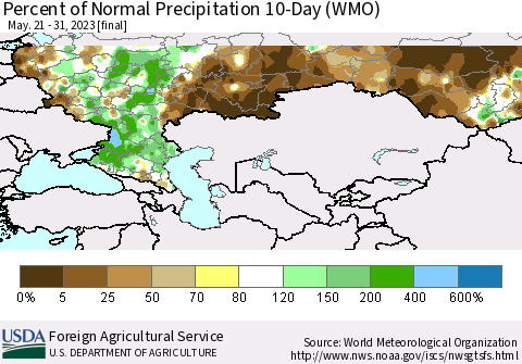 Russian Federation Percent of Normal Precipitation 10-Day (WMO) Thematic Map For 5/21/2023 - 5/31/2023