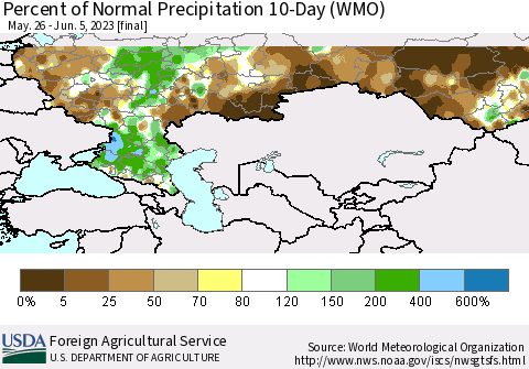 Russian Federation Percent of Normal Precipitation 10-Day (WMO) Thematic Map For 5/26/2023 - 6/5/2023
