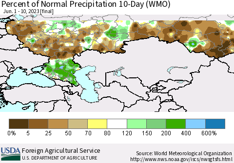 Russian Federation Percent of Normal Precipitation 10-Day (WMO) Thematic Map For 6/1/2023 - 6/10/2023