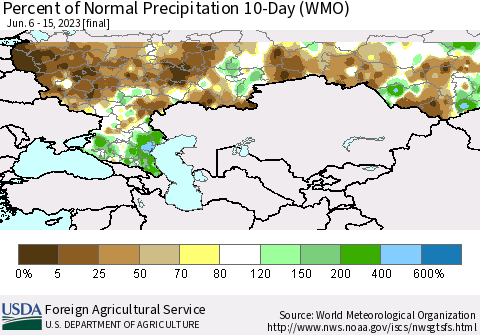 Russian Federation Percent of Normal Precipitation 10-Day (WMO) Thematic Map For 6/6/2023 - 6/15/2023