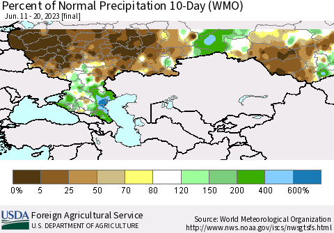 Russian Federation Percent of Normal Precipitation 10-Day (WMO) Thematic Map For 6/11/2023 - 6/20/2023