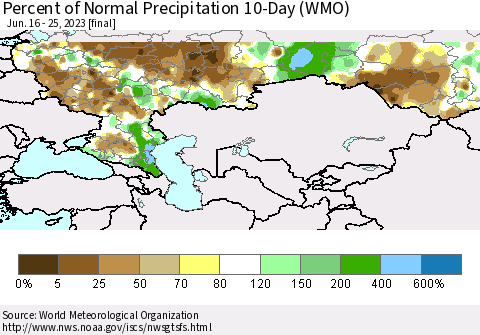 Russian Federation Percent of Normal Precipitation 10-Day (WMO) Thematic Map For 6/16/2023 - 6/25/2023