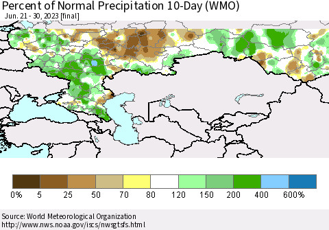 Russian Federation Percent of Normal Precipitation 10-Day (WMO) Thematic Map For 6/21/2023 - 6/30/2023