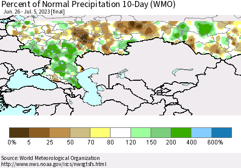 Russian Federation Percent of Normal Precipitation 10-Day (WMO) Thematic Map For 6/26/2023 - 7/5/2023