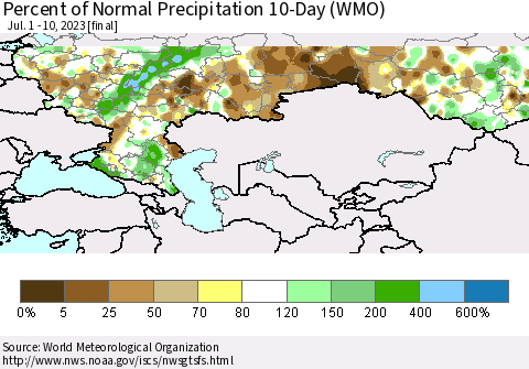 Russian Federation Percent of Normal Precipitation 10-Day (WMO) Thematic Map For 7/1/2023 - 7/10/2023