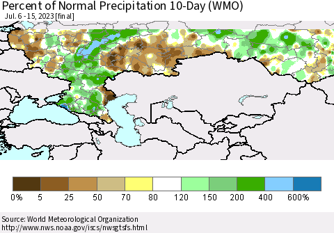 Russian Federation Percent of Normal Precipitation 10-Day (WMO) Thematic Map For 7/6/2023 - 7/15/2023