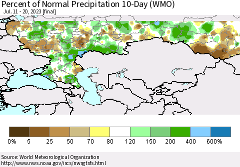 Russian Federation Percent of Normal Precipitation 10-Day (WMO) Thematic Map For 7/11/2023 - 7/20/2023