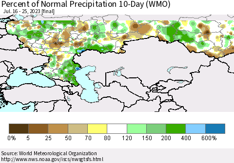 Russian Federation Percent of Normal Precipitation 10-Day (WMO) Thematic Map For 7/16/2023 - 7/25/2023