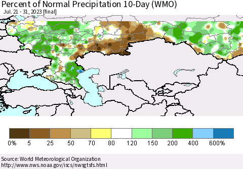Russian Federation Percent of Normal Precipitation 10-Day (WMO) Thematic Map For 7/21/2023 - 7/31/2023