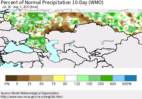 Russian Federation Percent of Normal Precipitation 10-Day (WMO) Thematic Map For 7/26/2023 - 8/5/2023