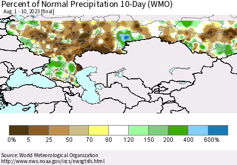 Russian Federation Percent of Normal Precipitation 10-Day (WMO) Thematic Map For 8/1/2023 - 8/10/2023