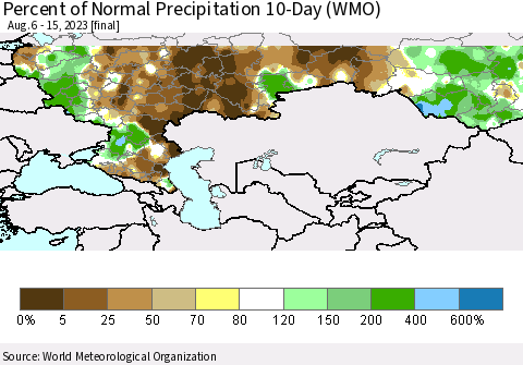 Russian Federation Percent of Normal Precipitation 10-Day (WMO) Thematic Map For 8/6/2023 - 8/15/2023