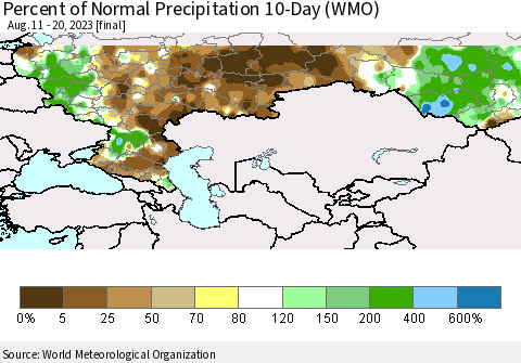 Russian Federation Percent of Normal Precipitation 10-Day (WMO) Thematic Map For 8/11/2023 - 8/20/2023