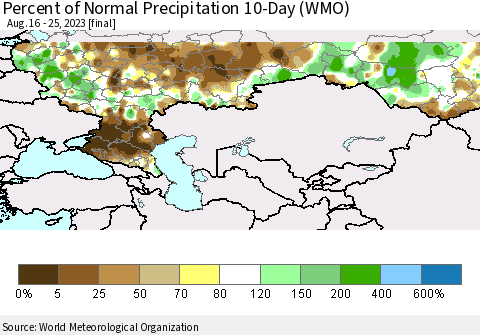 Russian Federation Percent of Normal Precipitation 10-Day (WMO) Thematic Map For 8/16/2023 - 8/25/2023